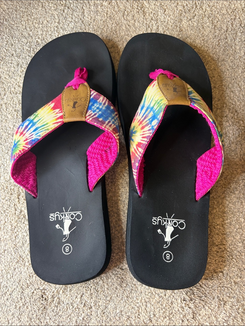 Corkys Women's Black Sandals with Multicolor Tie-Dye and Pink Trim